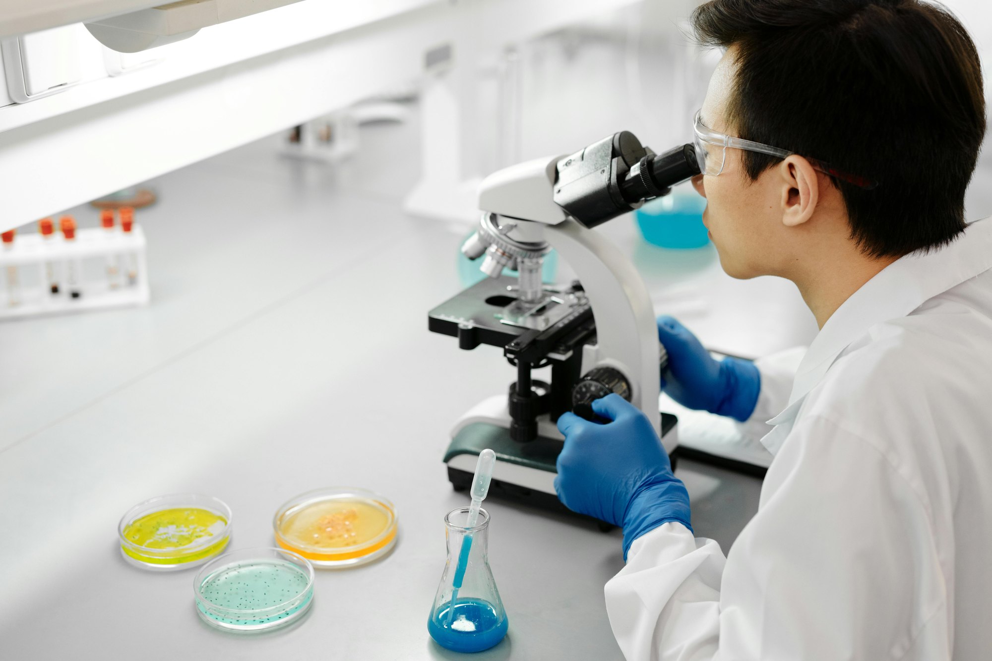 Scientist with colorful petri dishes