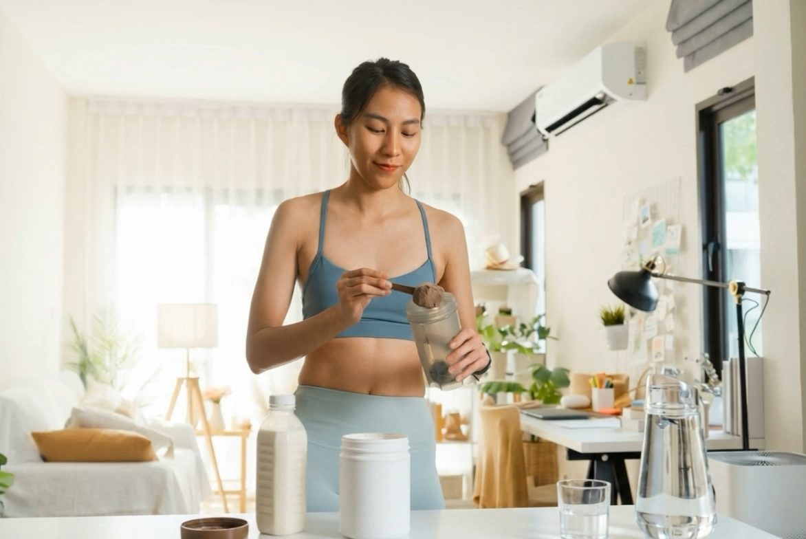 A consumer preparing a supplement drink at home