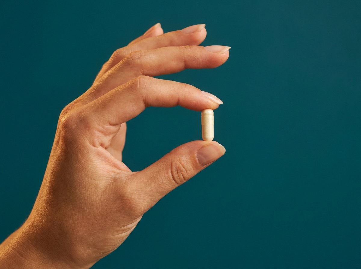 Hand holding a single capsule