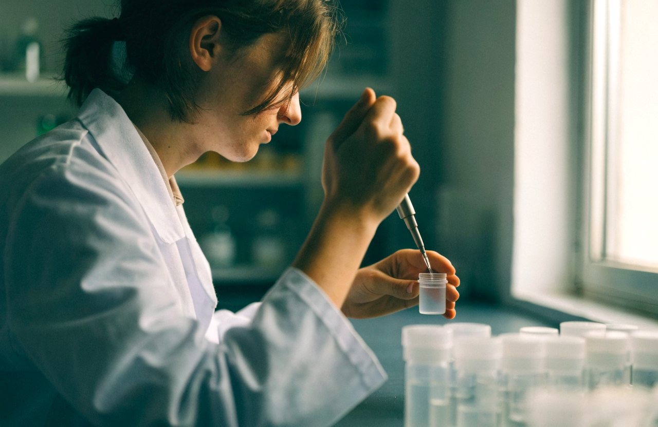 A scientist pipetting into vials at a laboratory bench
