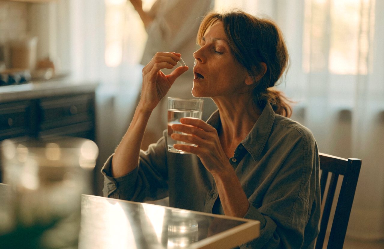 A woman taking a supplement with water at a bright kitchen table