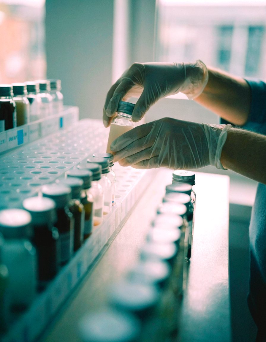 Gloved hands placing a sample bottle into a numbered rack