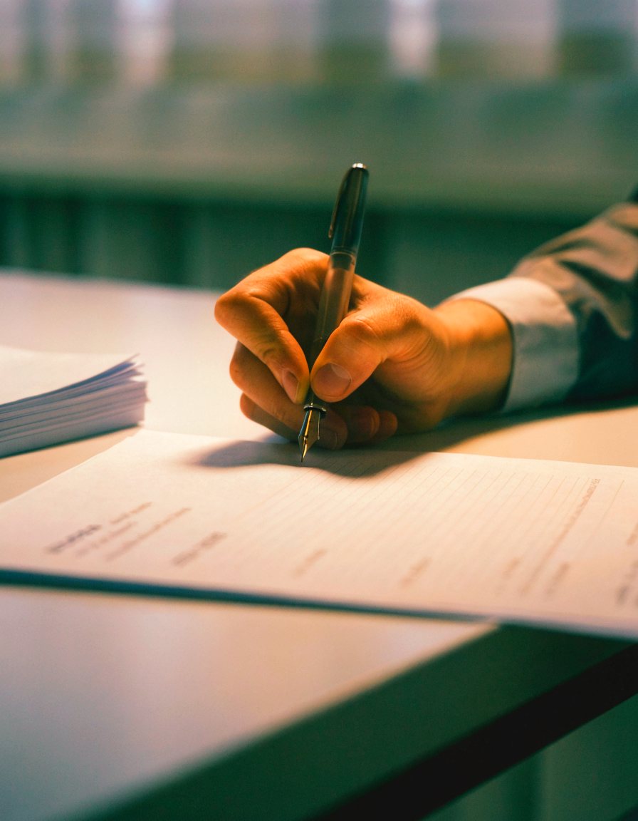 A hand signing a printed certificate at a desk